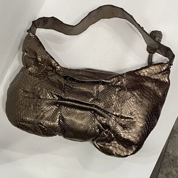 FATTO A MANO BY CARLOS FALCHI Python Snake Skin Bronze Metallic Shoulder Bag - Picture 8 of 11